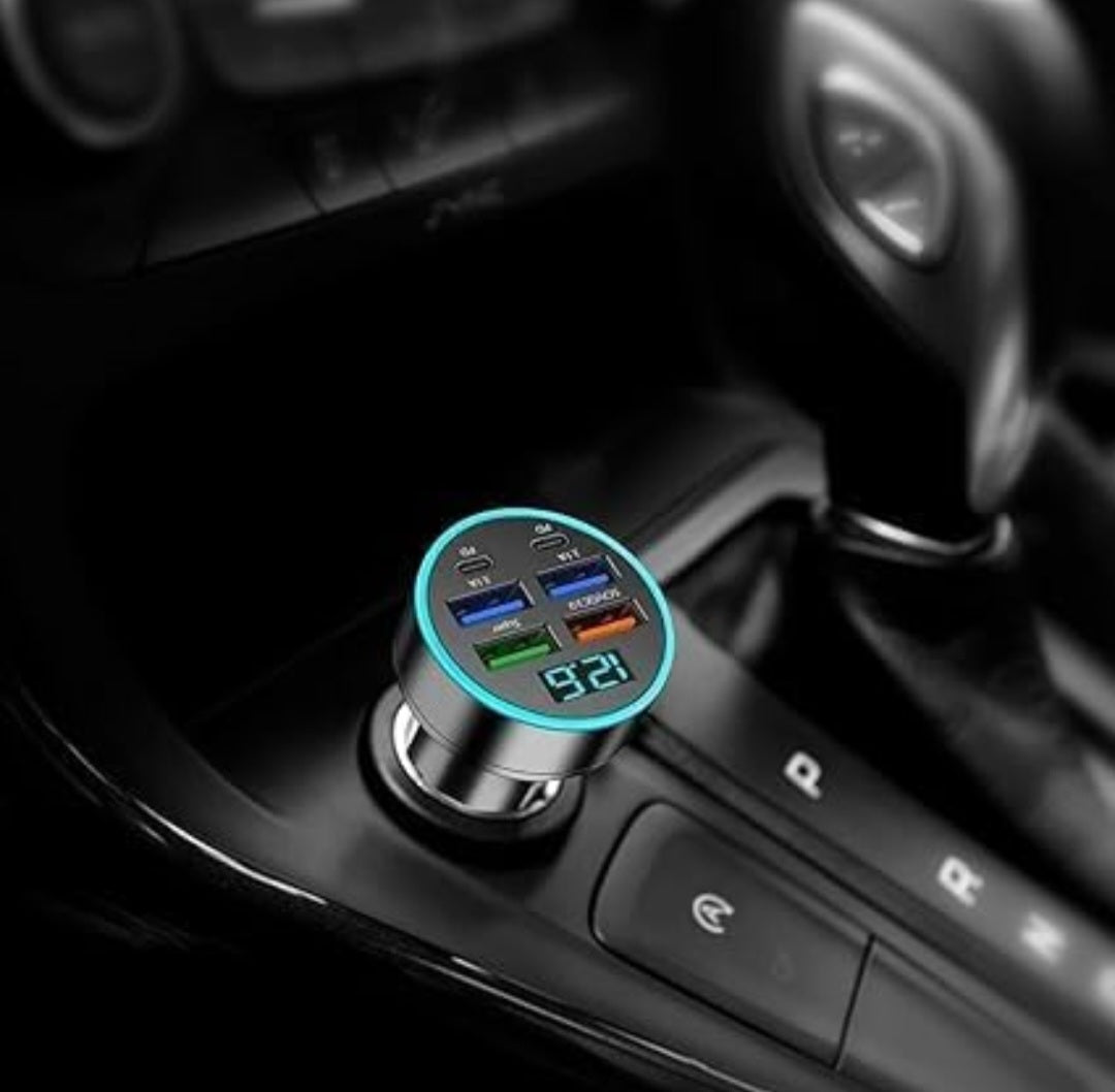 ETHERIXX 6 in 1 Car Charger USB Adapter Fast Charging Adapter Multi-Function Charger Block 2PD+4USB Digital Display Car Vehicle Charging Adapter 2 Type C + 4USB