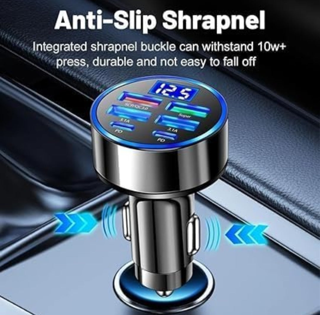 ETHERIXX 6 in 1 Car Charger USB Adapter Fast Charging Adapter Multi-Function Charger Block 2PD+4USB Digital Display Car Vehicle Charging Adapter 2 Type C + 4USB