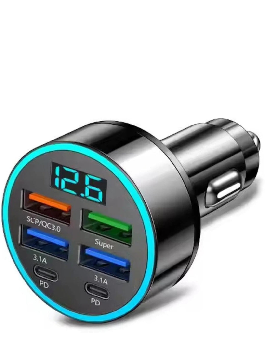 ETHERIXX 6 in 1 Car Charger USB Adapter Fast Charging Adapter Multi-Function Charger Block 2PD+4USB Digital Display Car Vehicle Charging Adapter 2 Type C + 4USB