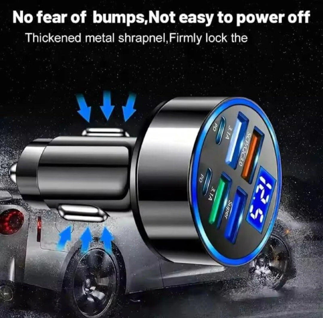 ETHERIXX 6 in 1 Car Charger USB Adapter Fast Charging Adapter Multi-Function Charger Block 2PD+4USB Digital Display Car Vehicle Charging Adapter 2 Type C + 4USB