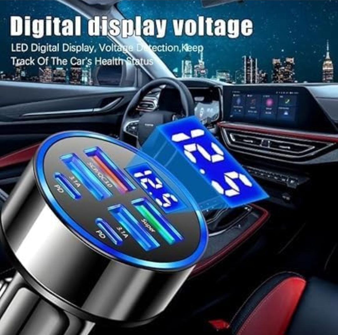 ETHERIXX 6 in 1 Car Charger USB Adapter Fast Charging Adapter Multi-Function Charger Block 2PD+4USB Digital Display Car Vehicle Charging Adapter 2 Type C + 4USB